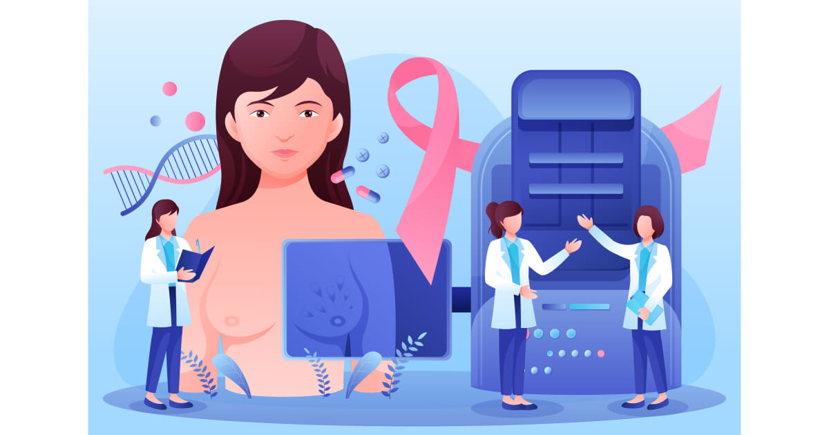 imagine AI cu medici si pacienta si simbolul pentru cancerul de san
