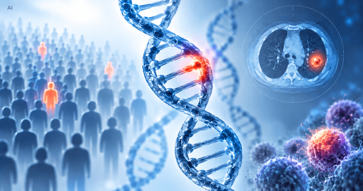Ilustrație cu ADN, populație și cancer pulmonar, reprezentând riscul genetic asociat mutației EGFR T790M.