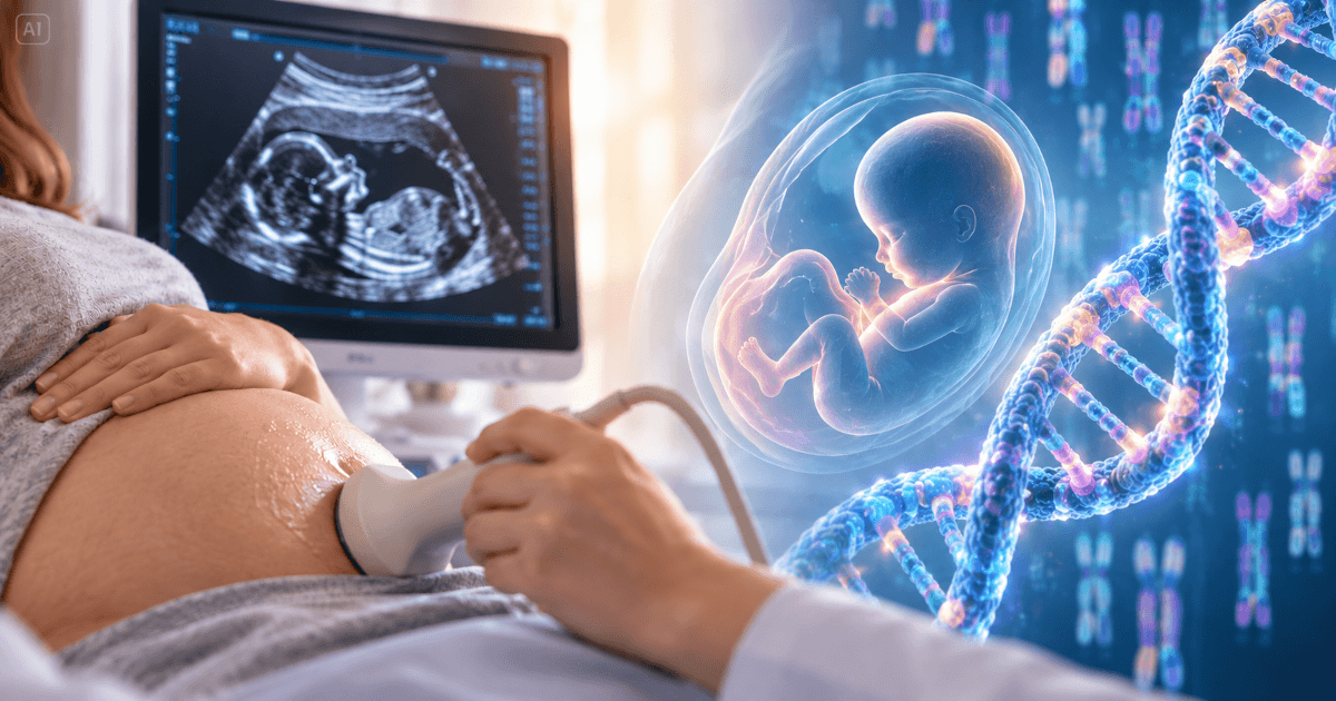 Ecografie fetală și reprezentare a ADN-ului, ilustrând utilizarea secvențierii genomice în diagnosticul prenatal