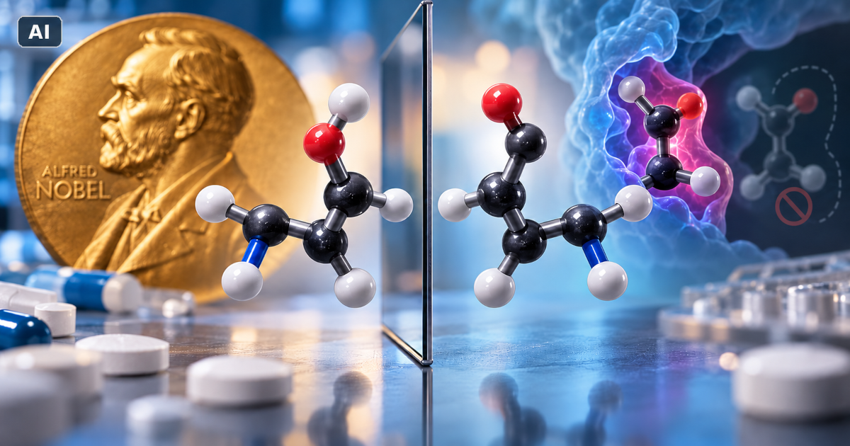 Ilustrație AI despre Premiul Nobel pentru Chimie 2026: două molecule în oglindă, reprezentând chiralitatea și rolul acesteia în dezvoltarea medicamentelor.