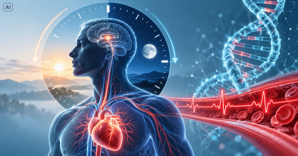 Ilustrație medicală reprezentând legătura dintre ritmul circadian, predispoziția genetică și riscul de hipertensiune arterială, prin simboluri ale ceasului biologic, inimii și ADN-ului.