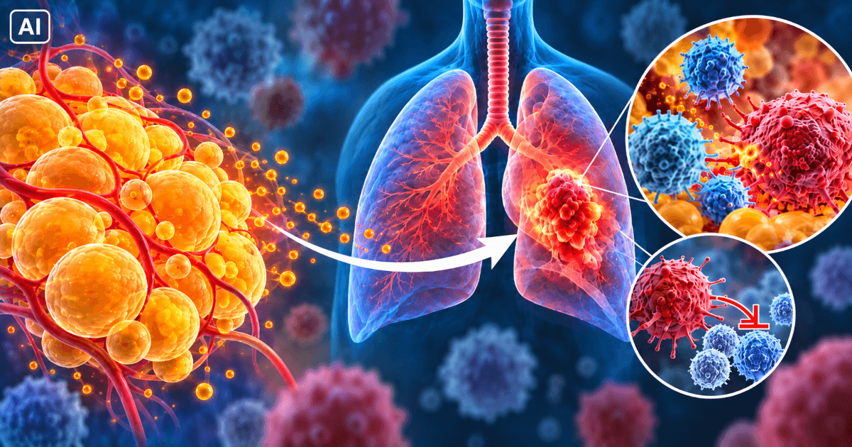 Ilustrație medicală care evidențiază asocierea dintre acumularea țesutului adipos, modificările răspunsului imun și dezvoltarea cancerului pulmonar